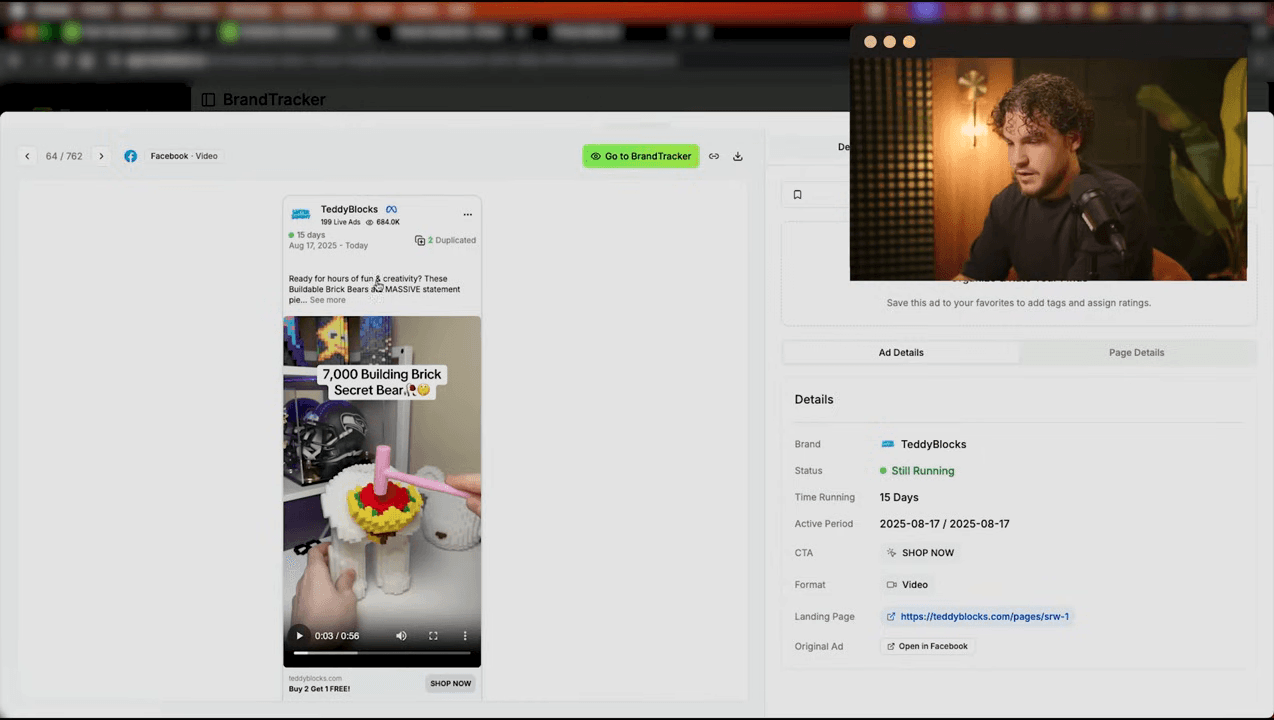 TrendTrack ad detail view showing ad status, active days, impressions, and associated Shopify store