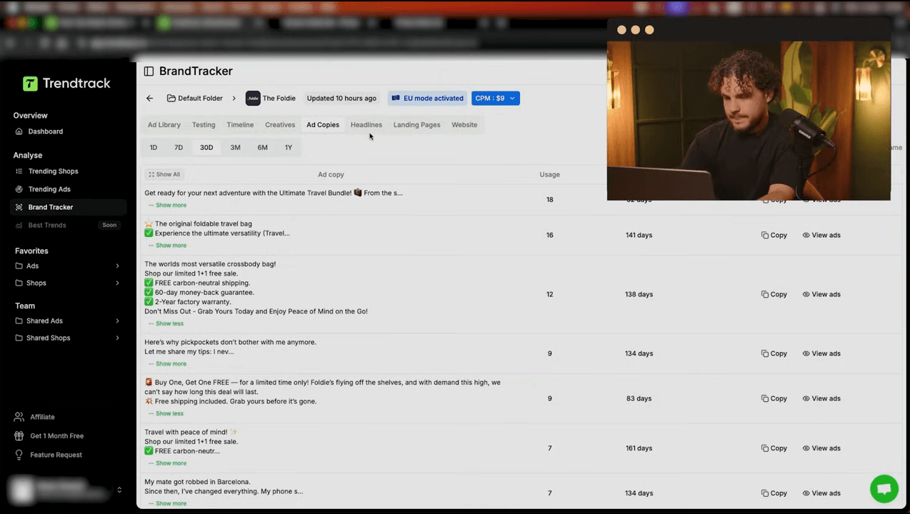 TrendTrack hook and script extraction showing the opening hook and full ad script breakdown