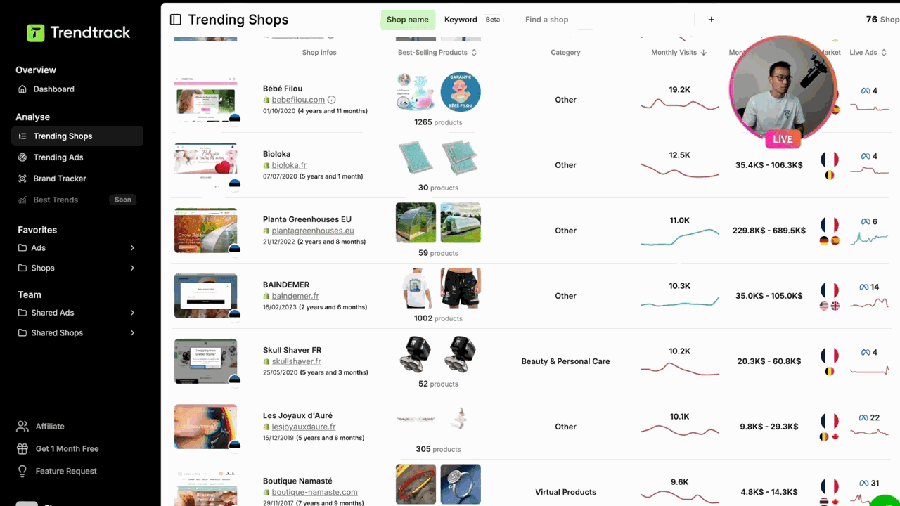 Simple product search in TrendTrack Trending Shops for beginners