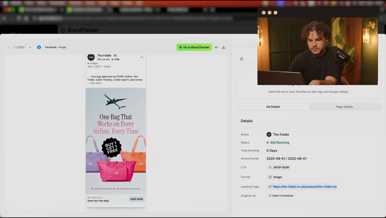 Detailed ad view with brand info, status, and running time metrics