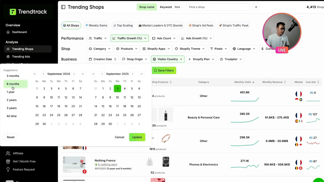 TrendTrack Trending Shops filters with date picker and growth filters