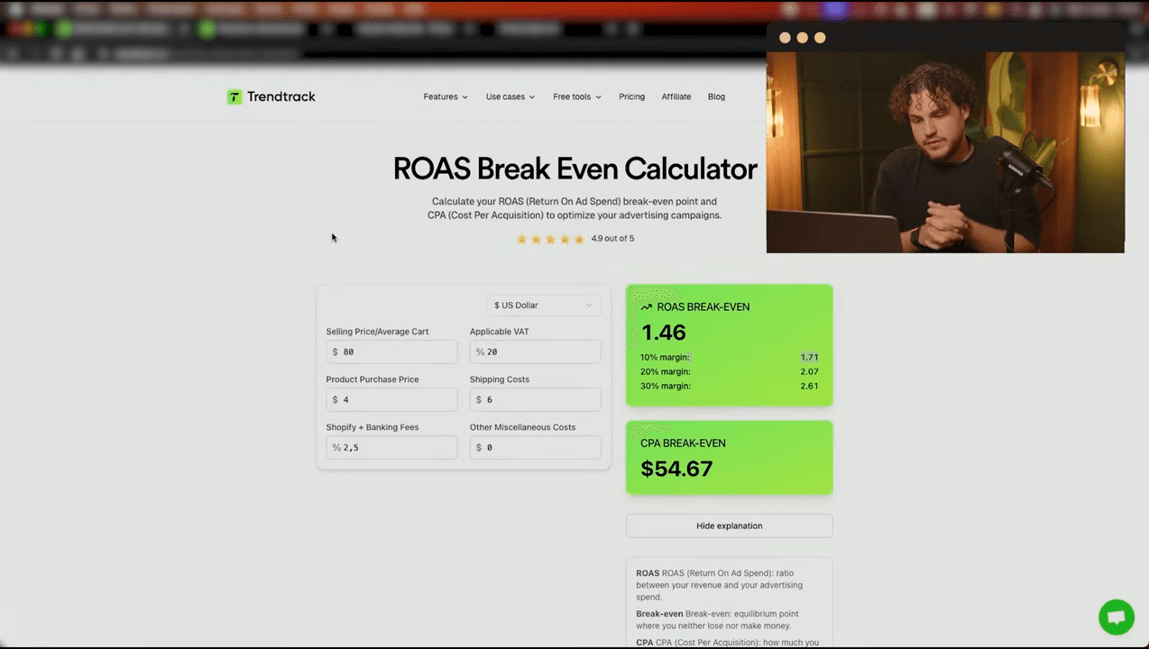 ROAS Break Even Calculator — one of 7 free tools on trendtrack.io
