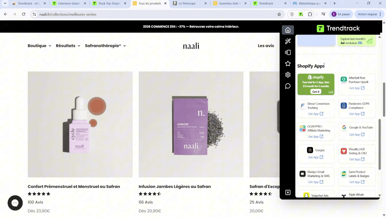 Extension popup showing Shopify apps and tracking pixels detected