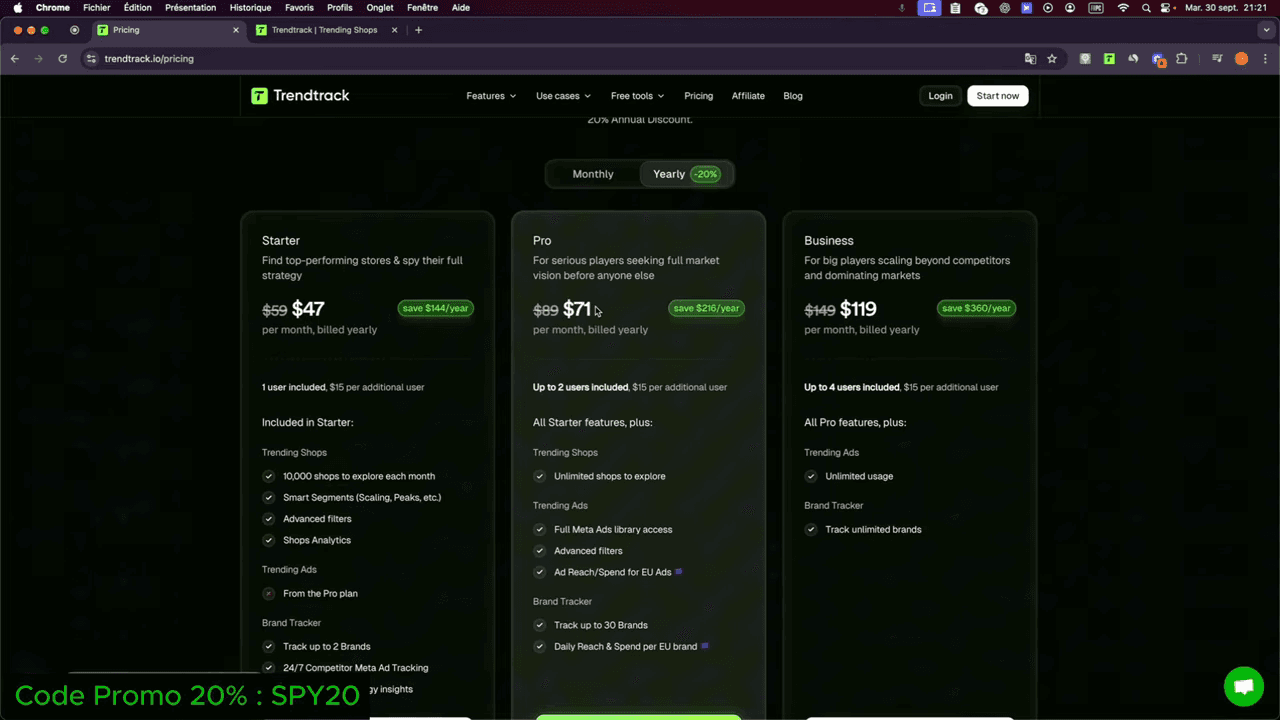 TrendTrack pricing plans comparison: Starter, Pro, and Business tiers